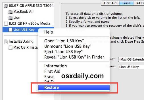 Restaurar el instalador de Lion DMG en la unidad USB
