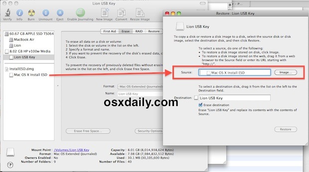 Seleccione el instalador de OS X Lion como fuente