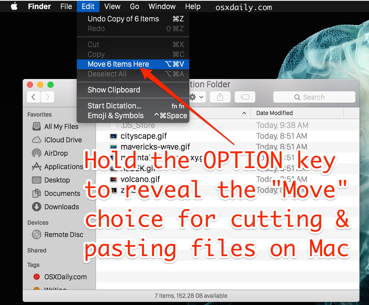 Cortar y pegar archivos en Mac OS X con la opción Move Modifier