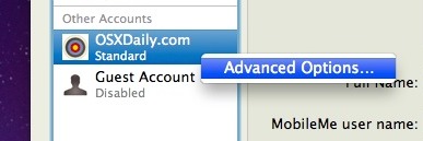 opciones avanzadas para cuentas en Mac OS X.