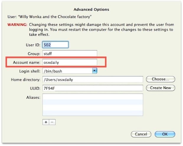 Cambie el nombre corto de la cuenta de usuario en Mac OS X.