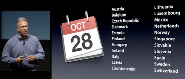Lista de disponibilidad internacional de iPhone 4S el 28 de octubre