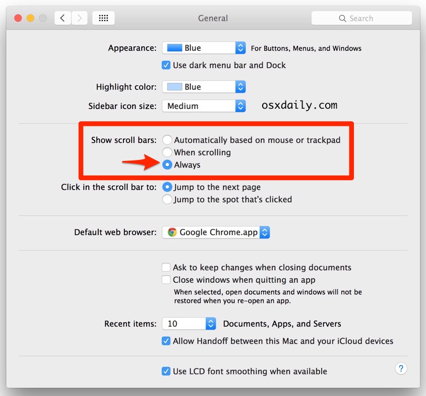 Cómo mostrar siempre las barras de desplazamiento en Mac OS X.