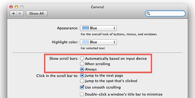 Cómo mostrar barras de desplazamiento en Mac OS X.
