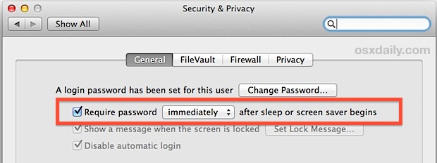 Solicite una contraseña de pantalla de bloqueo en Mac OS X.