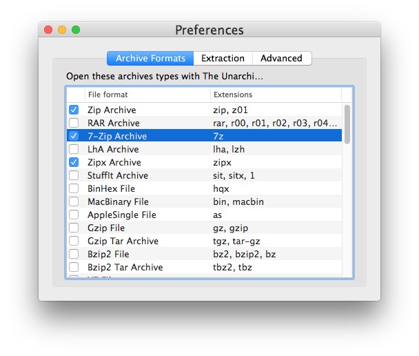Asociación de archivos Unarchiver en Mac OS para abrir archivos .7z