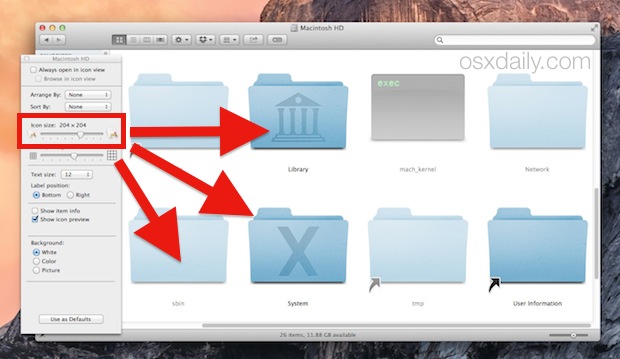 Agrandar los iconos en las ventanas de la carpeta Mac OS X