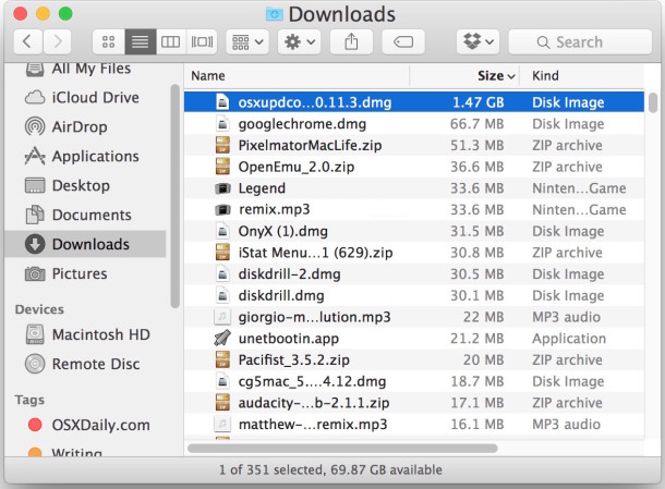 La carpeta de descarga en Mac OS X se puede ordenar por tamaño de archivo