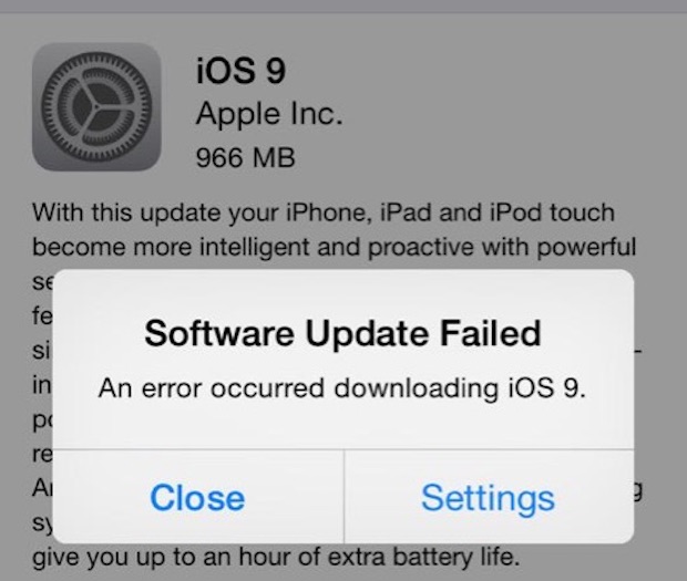 Error de actualización de software no se pudo descargar iOS 9