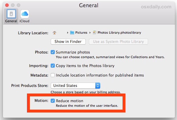 Reducir el movimiento en fotos para Mac OS X