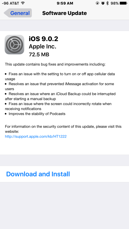 Descarga de actualización de iOS 9.0.2 disponible