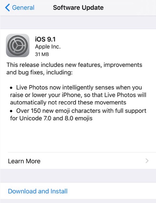 Descargar la actualización de iOS 9.1