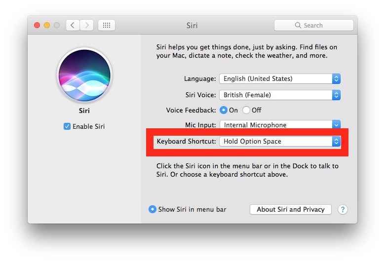 Cambiar el atajo de teclado de Siri en tu Mac