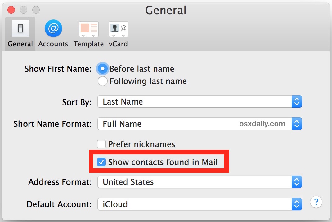 Deshabilite los contactos que se encuentran en Mail en Mac OS X.
