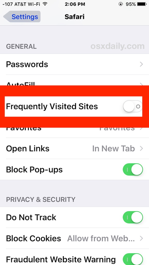 Deshabilite los sitios visitados con frecuencia en Safari para iOS