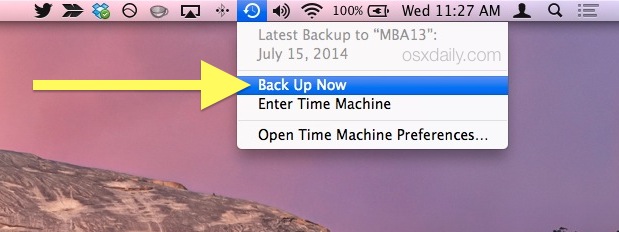Inicie una copia de seguridad de Time Machine desde la barra de menú de Mac OS X