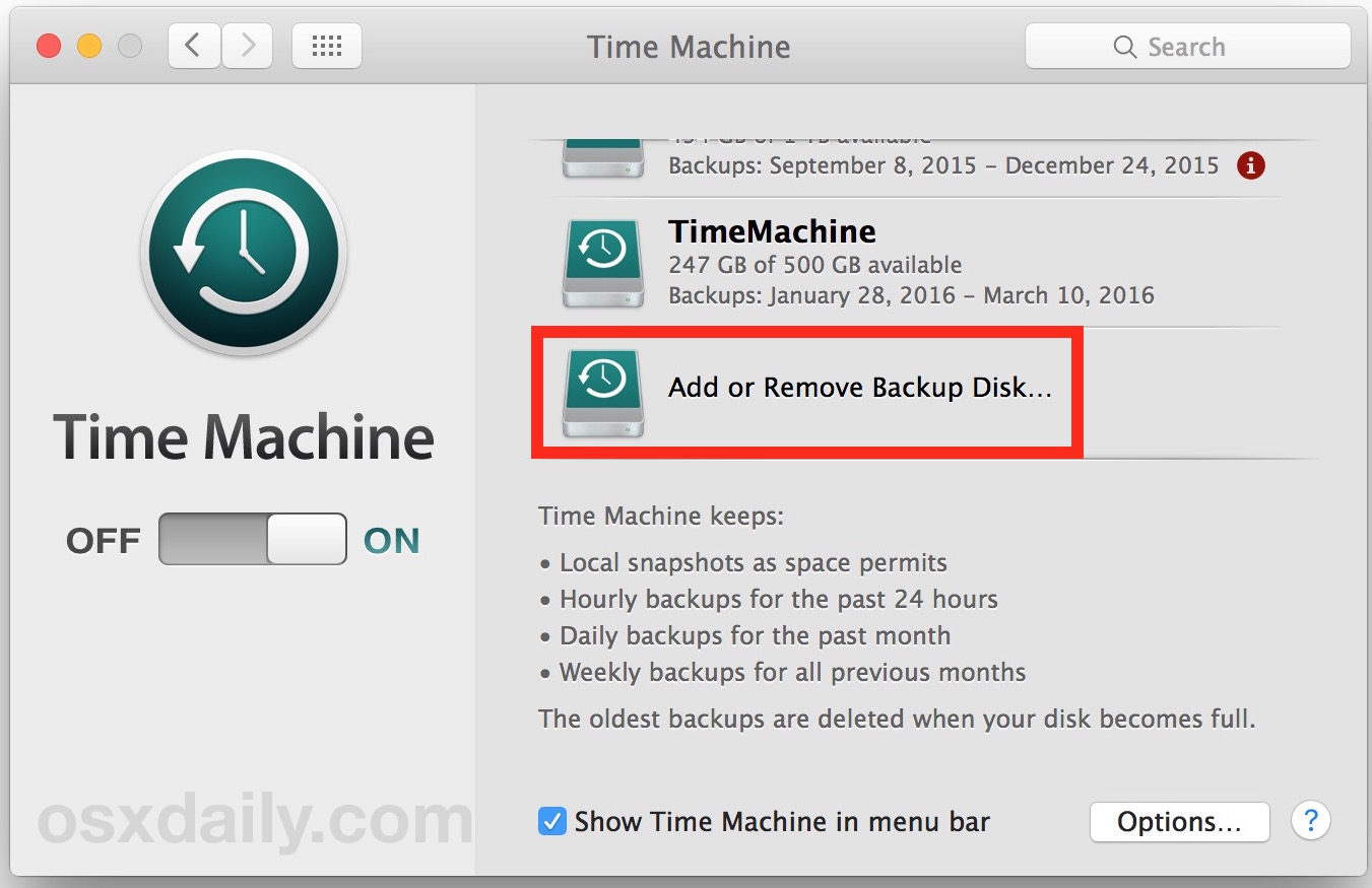 Haga clic para eliminar una unidad de Time Machine
