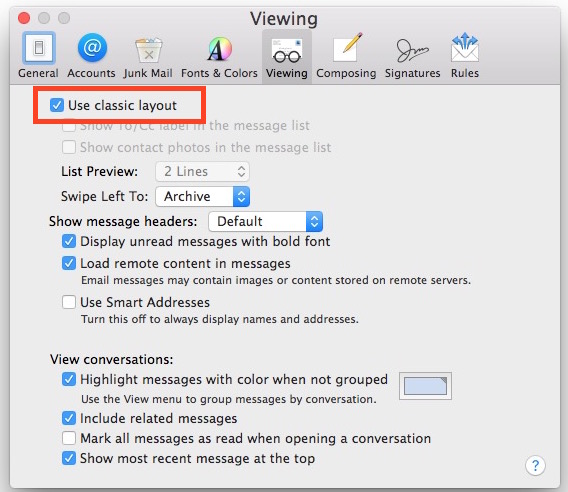 Usa el aspecto clásico de Mail para Mac OS X para desactivar el gesto de arrastrar