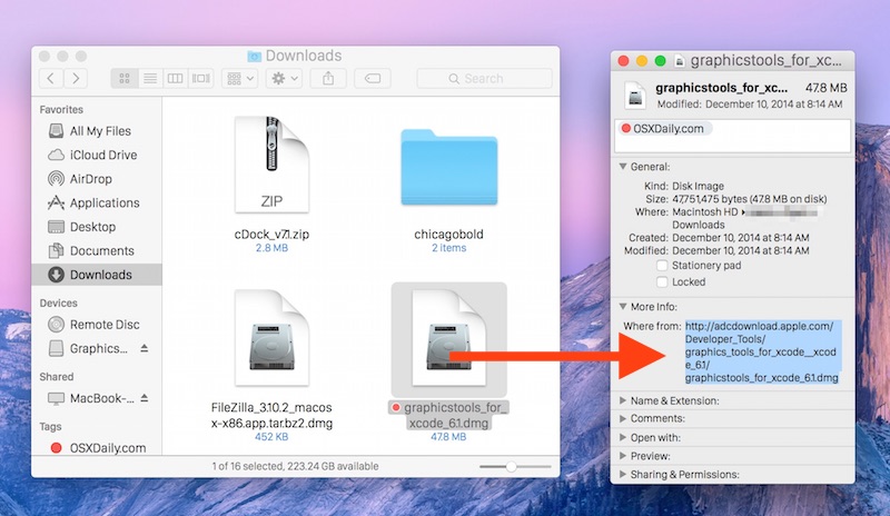Busque una ubicación de origen para los archivos descargados en Mac OS X.