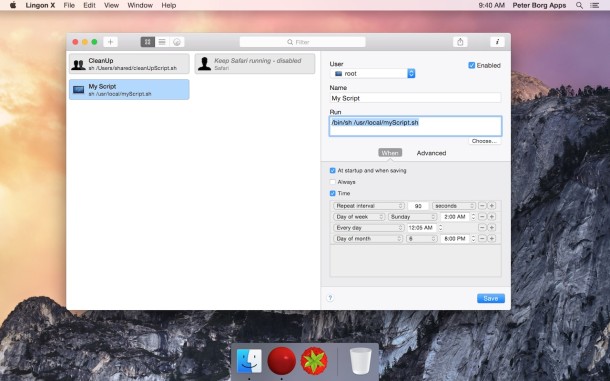Captura de pantalla de Lingon en Mac OS X, herramienta GUI para configurar el inicio
