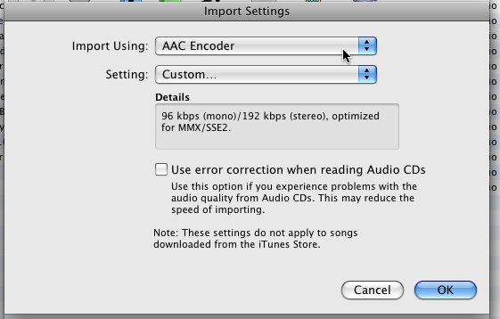 Configuración de importación de CD de iTunes