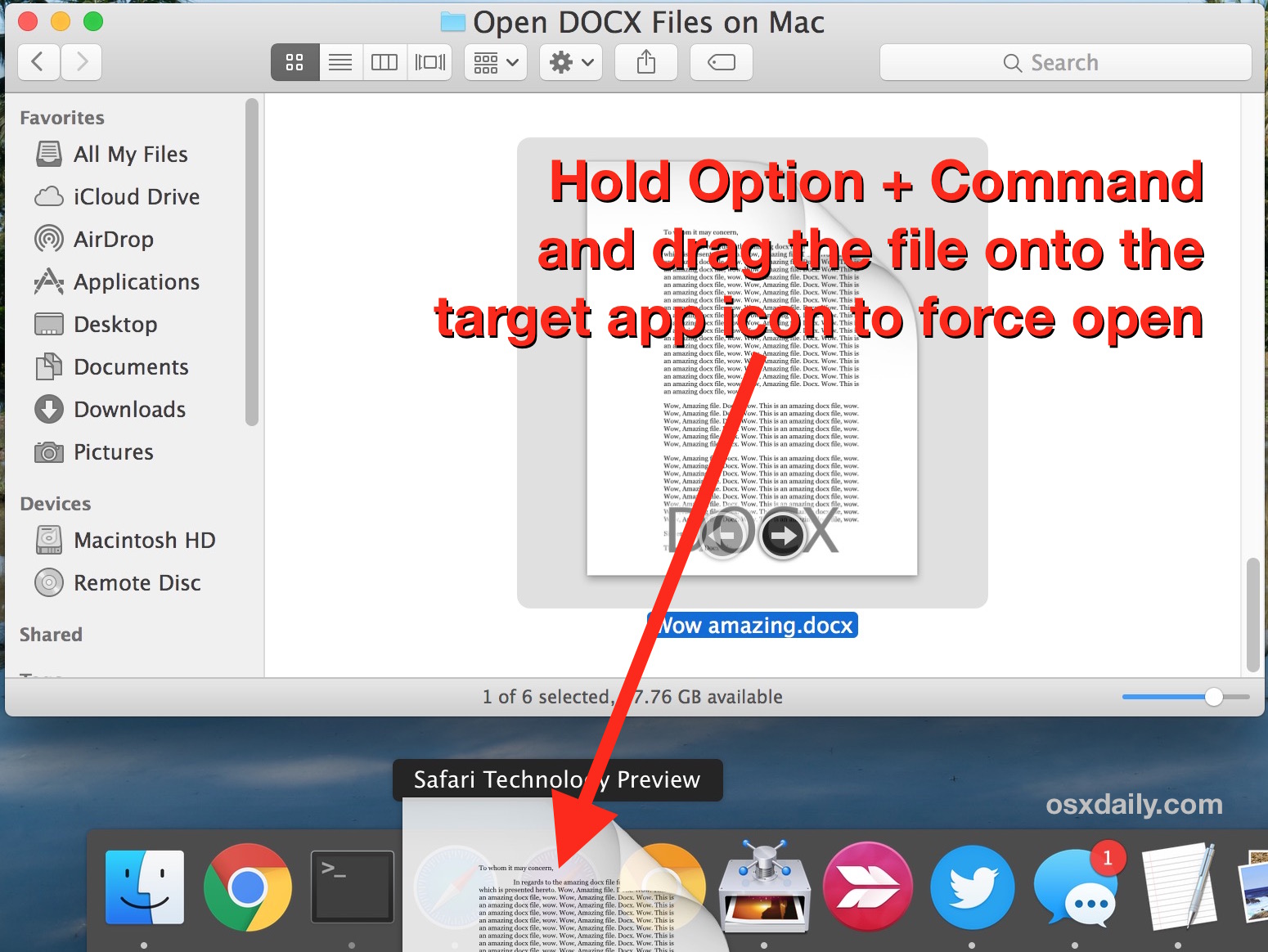 Forzar la apertura de un archivo en Mac OS X.