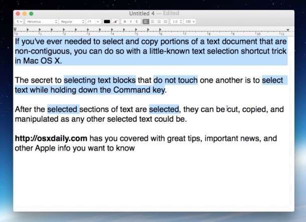 Seleccione texto no contiguo en Mac OS X.