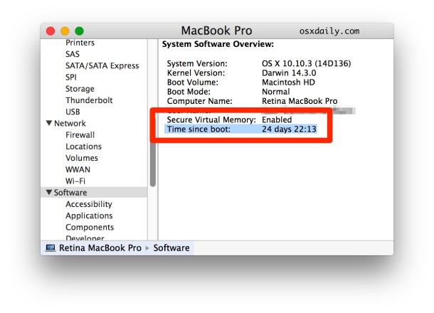 Tiempo desde el inicio en la información del sistema Mac