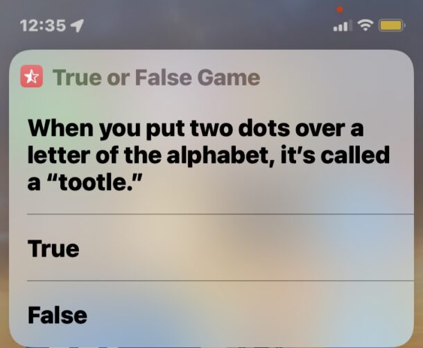 Ejemplo de pregunta de juego de Siri verdadero o falso