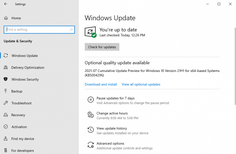 menú de actualización de Windows