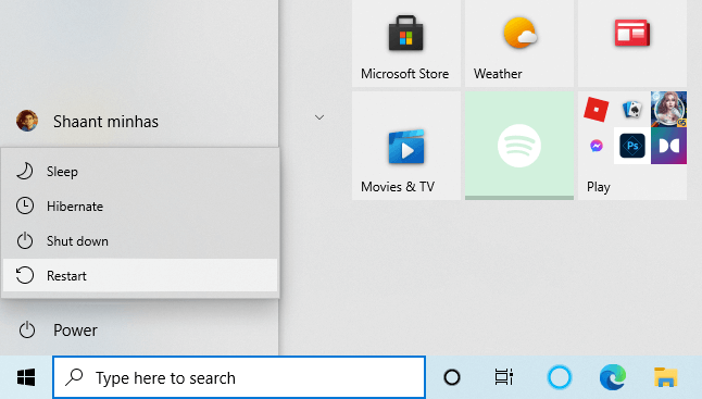 reiniciar Windows 10 desde el menú Inicio