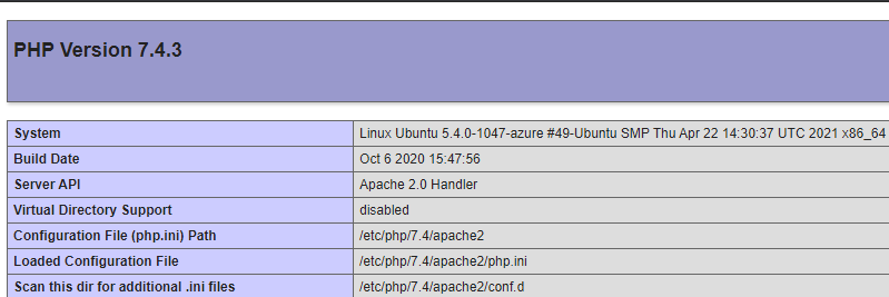 Información de la versión de PHP 7.4 en Apache2