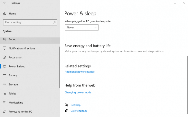 configuración de energía en Windows 10
